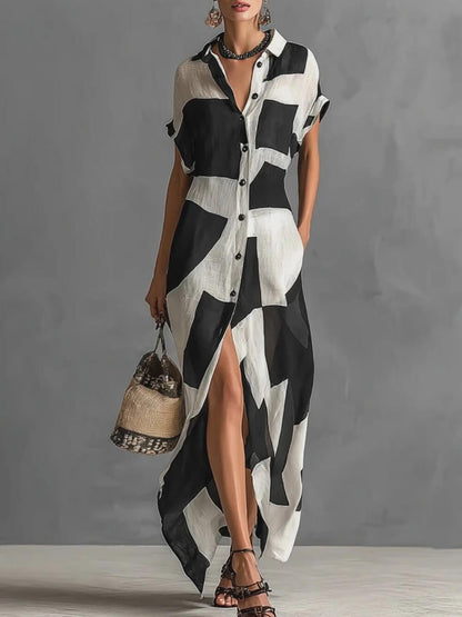 Exquise Irregulaire Geometrische Print Kraag Enkel-Breasted Korte Mouwen Maxi Shirt Jurk