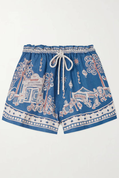 Unieke Bloemenprint Linnen Korte Mouwen Shirt en Shorts Set