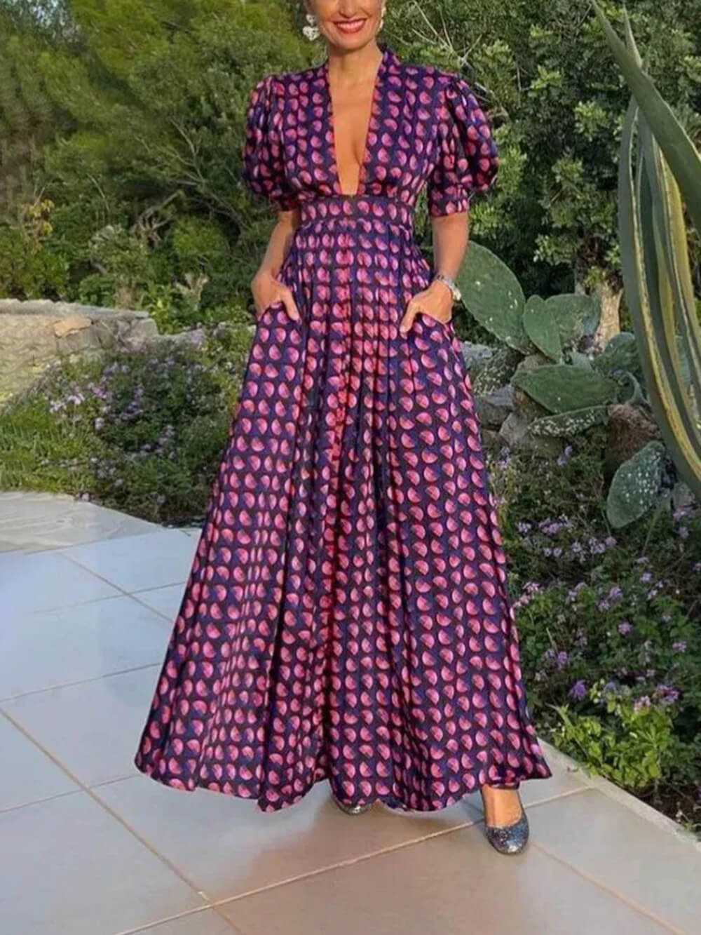 Retro Bloemenprint Puff Sleeve Loose A-Lijn Maxi Jurk