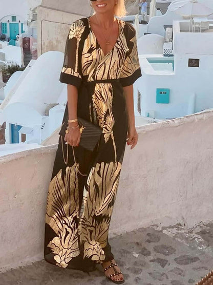 Unieke Casual Gedrukte V-Hals Losse Maxi Jurk