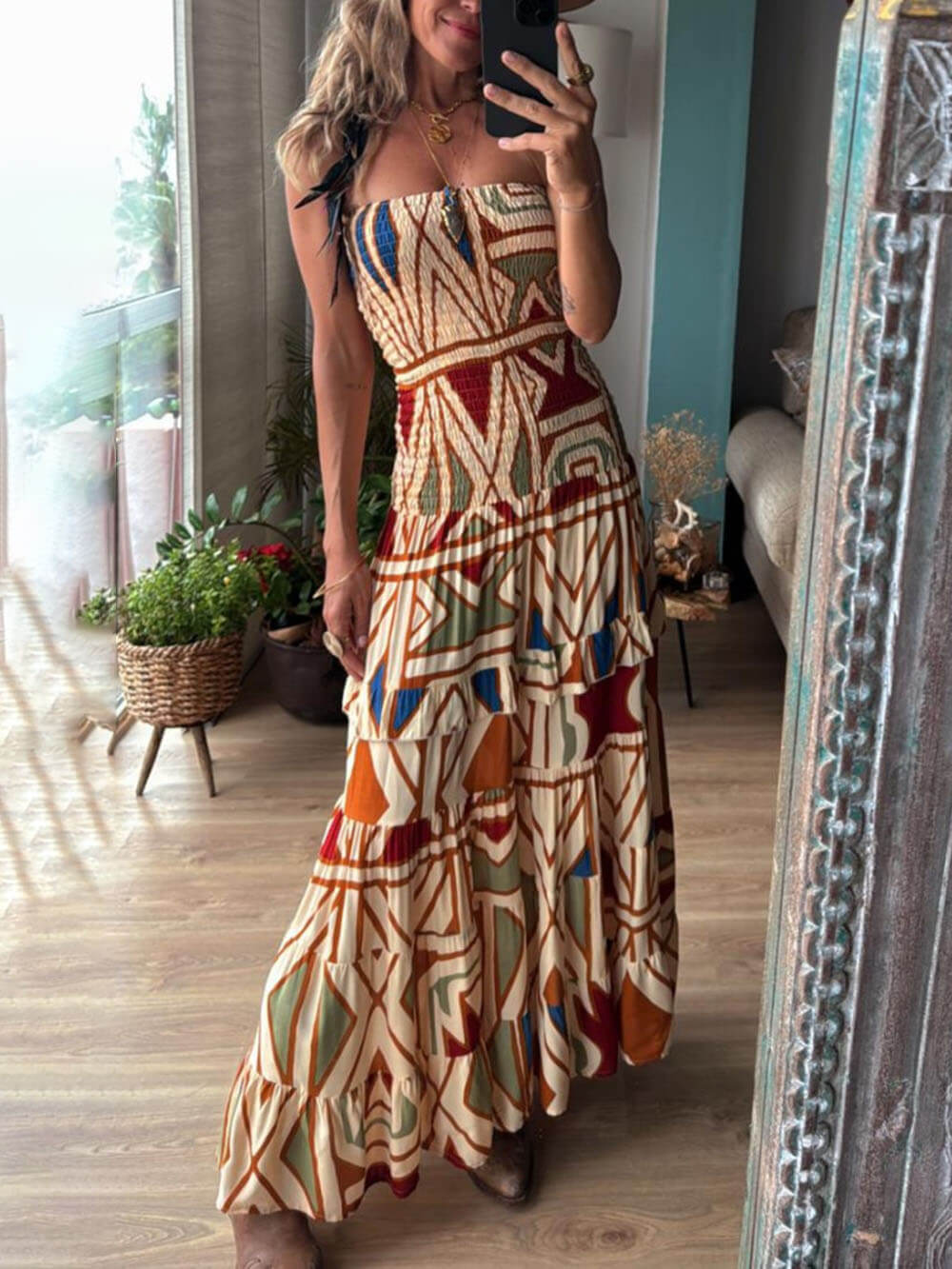 Chic Perfecte Stijl Uniek Bloemig Patroon Elastische Bandeau Maxi Jurk