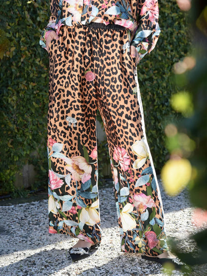 Unieke Luipaard Bloemenprint Elastische Taille Wijde Pantalon