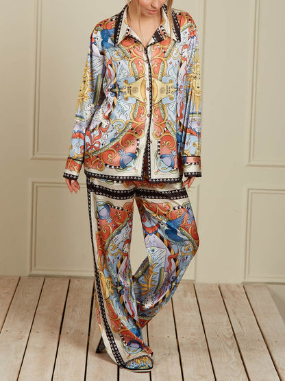 Unieke Satijnen Zonneprint Overhemd met Omgeslagen Kraag en Losse Pasvorm en Elastische Taille Wijde Pantalon Set
