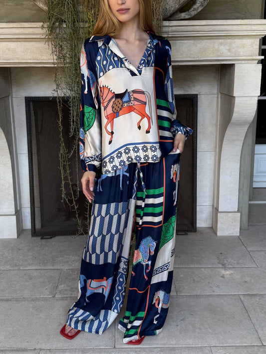 Unieke Satijnen Paardprint Losse Shirt En Elastische Taille Wijde Broek Set