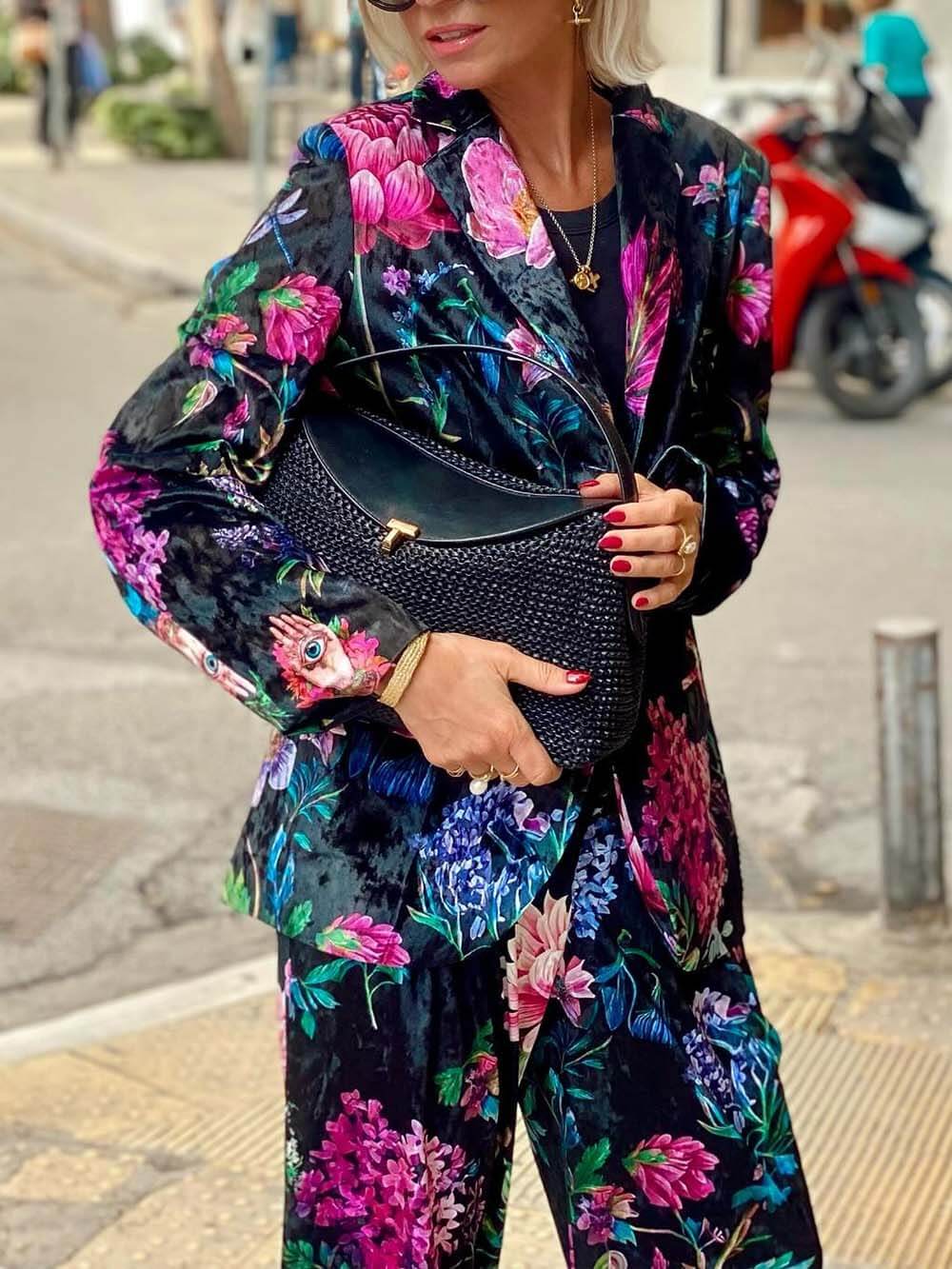 Retro Bloemenprint Blazer & Hoge Taille Wijde Pantalon Set