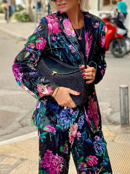 Retro Bloemenprint Blazer & Hoge Taille Wijde Pantalon Set