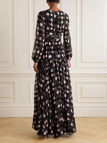 Romantische Exquise Geplooide Bloemenprint Chiffon Maxi Jurk