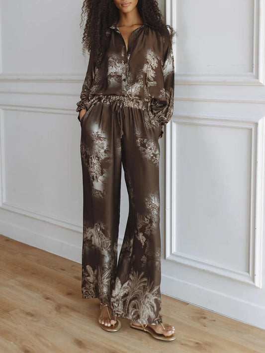 Unieke Bruine Bloemenprint Losse Top En Elastische Taille Wijde Pantalon Set