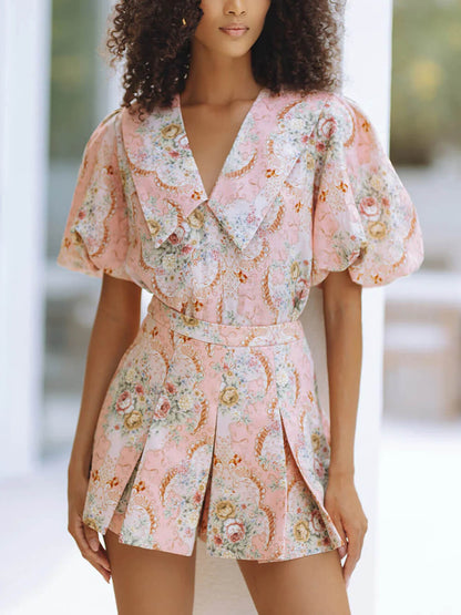 Delicate Bloemenprint Linnen Top En Plissé Mini Shorts Set
