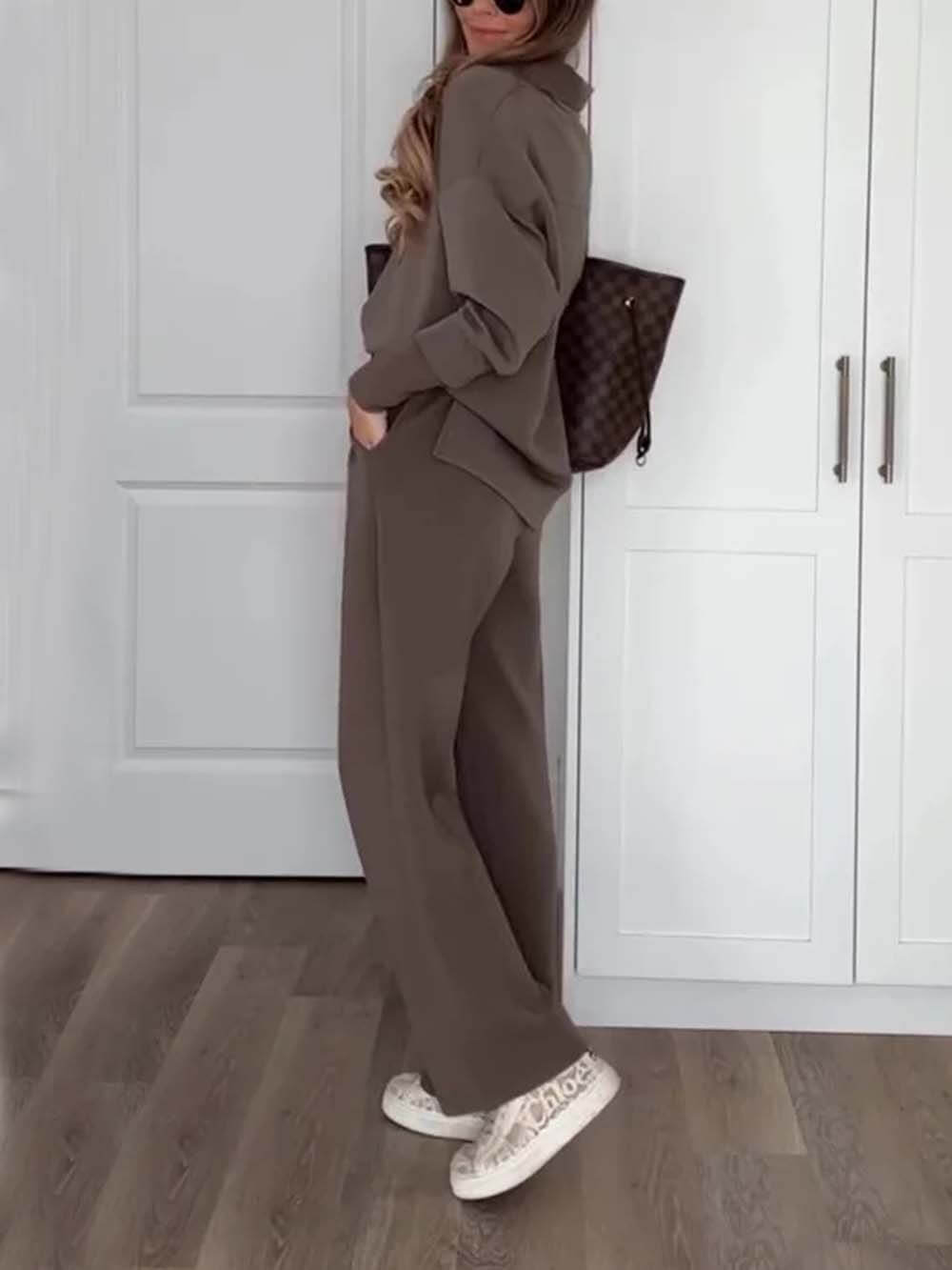 Casual Bruine V-Hals Lange Mouwen Sweatshirt & Elastische Taille Broek Set