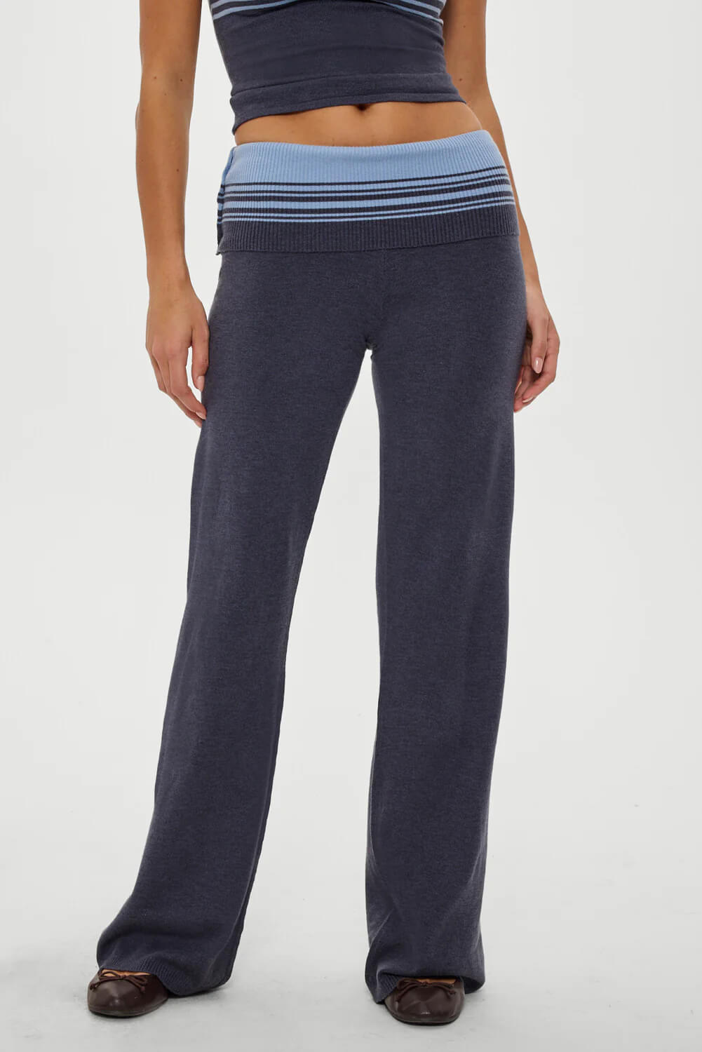 Retro Gestreepte Knopen-Knit Shirt En Lage Taille Knit Broek Set