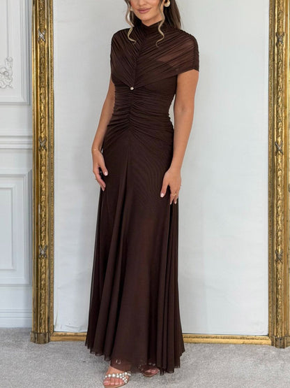 Mesh Geplooide Maxi Jurk met Korte Mouwen