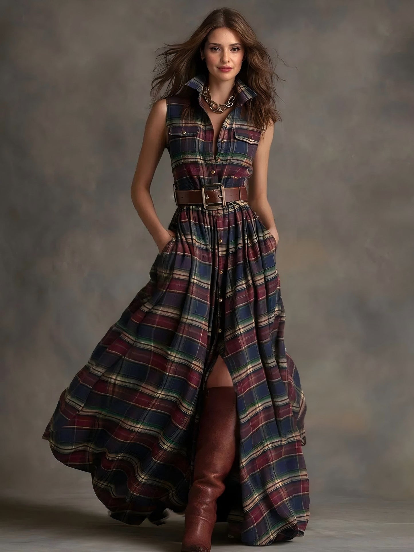 Casual Geruite Mouwloze Shirt Maxi Jurk