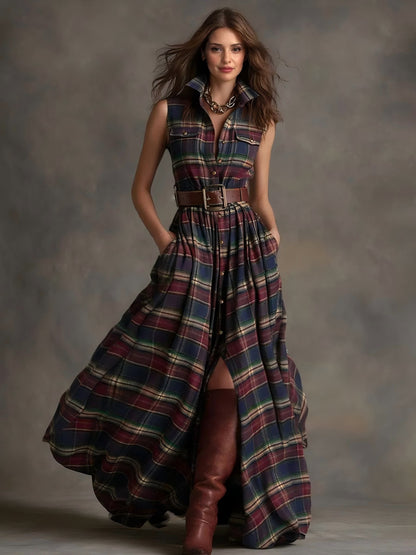 Casual Geruite Mouwloze Shirt Maxi Jurk