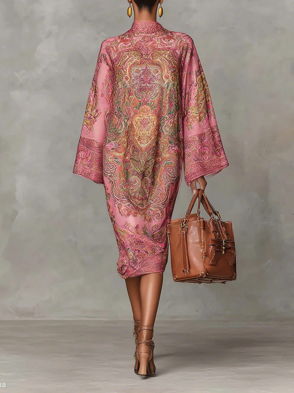 Retro Paisley Print Ronde Hals Flared Mouw Midi Jurk