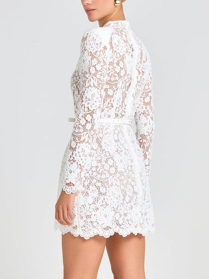 Elegante Bloemenkant Lange Mouw Cut-out Mini Jurk