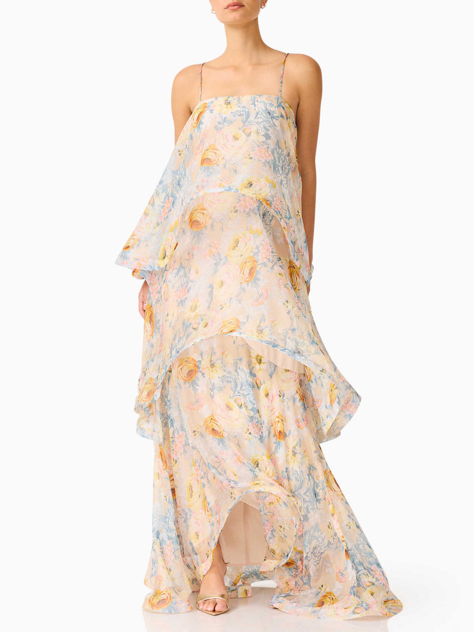 Elegante Bloemenprint Gelaagde Chiffon Vloeiende Maxi Jurk