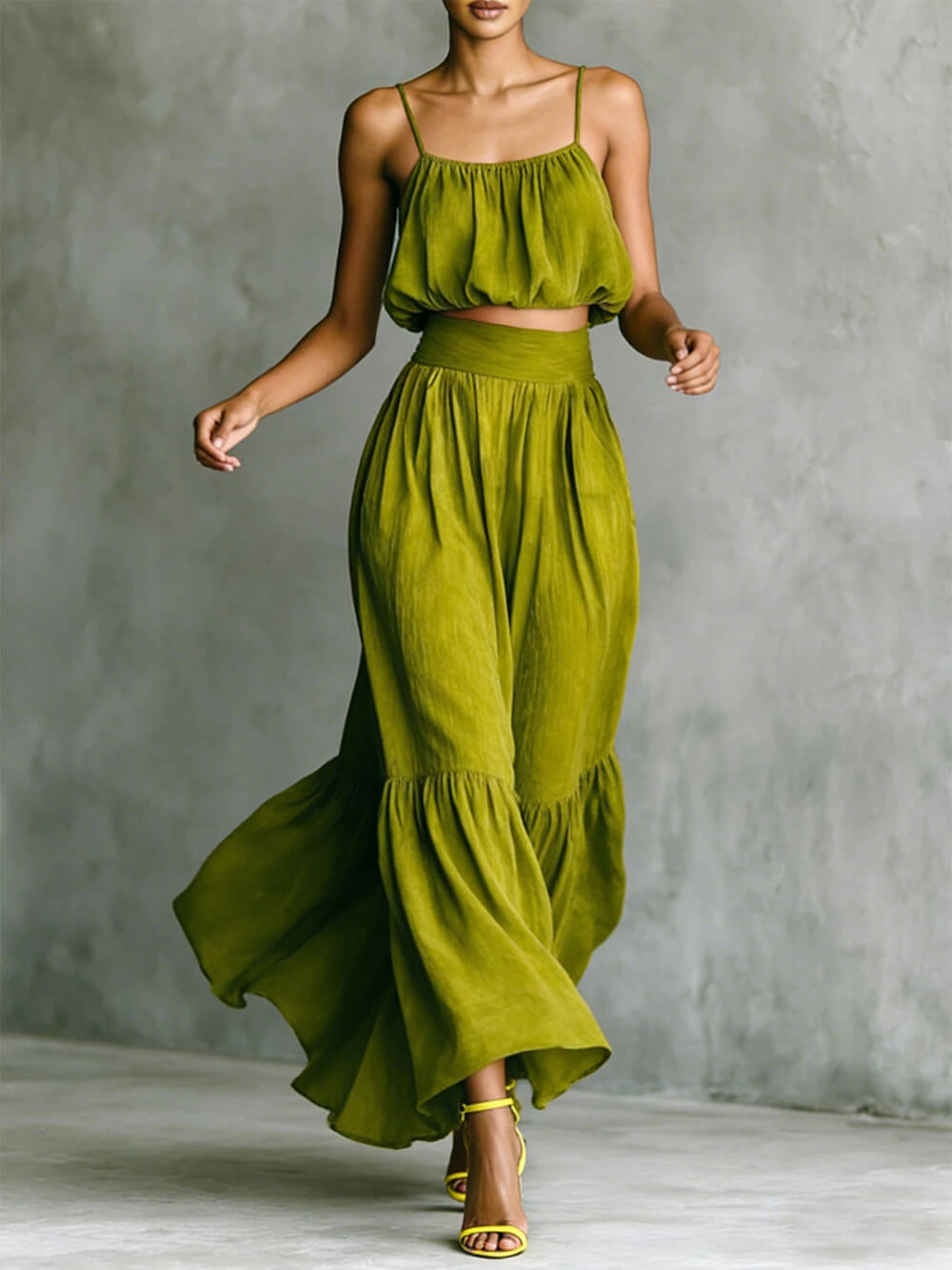 Mode Linnenmix Bubble Slip Tank en Hoge Taille Pocket A-lijn Maxi Rok Set