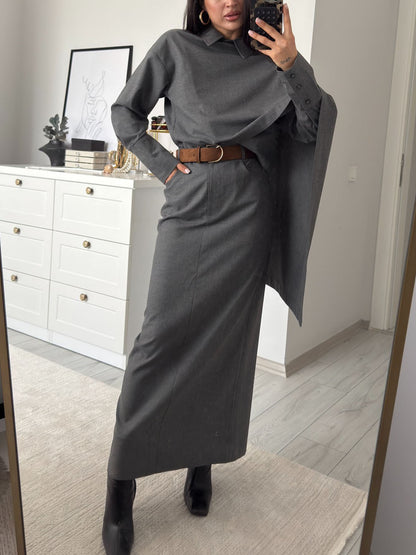Elegante Gelaagde Sjaal Shirt & Wijde Broek Twee-Stuk Set
