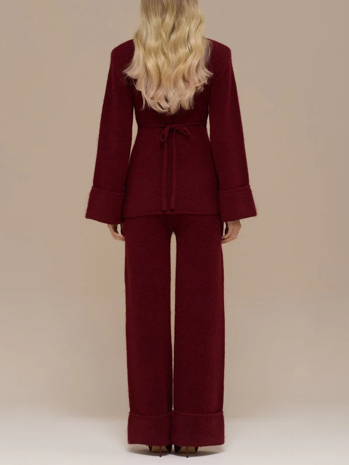 Elegante Flared Mouw Gebreide Top En Broek Twee-delige Set