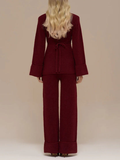 Elegante Flared Mouw Gebreide Top En Broek Twee-delige Set