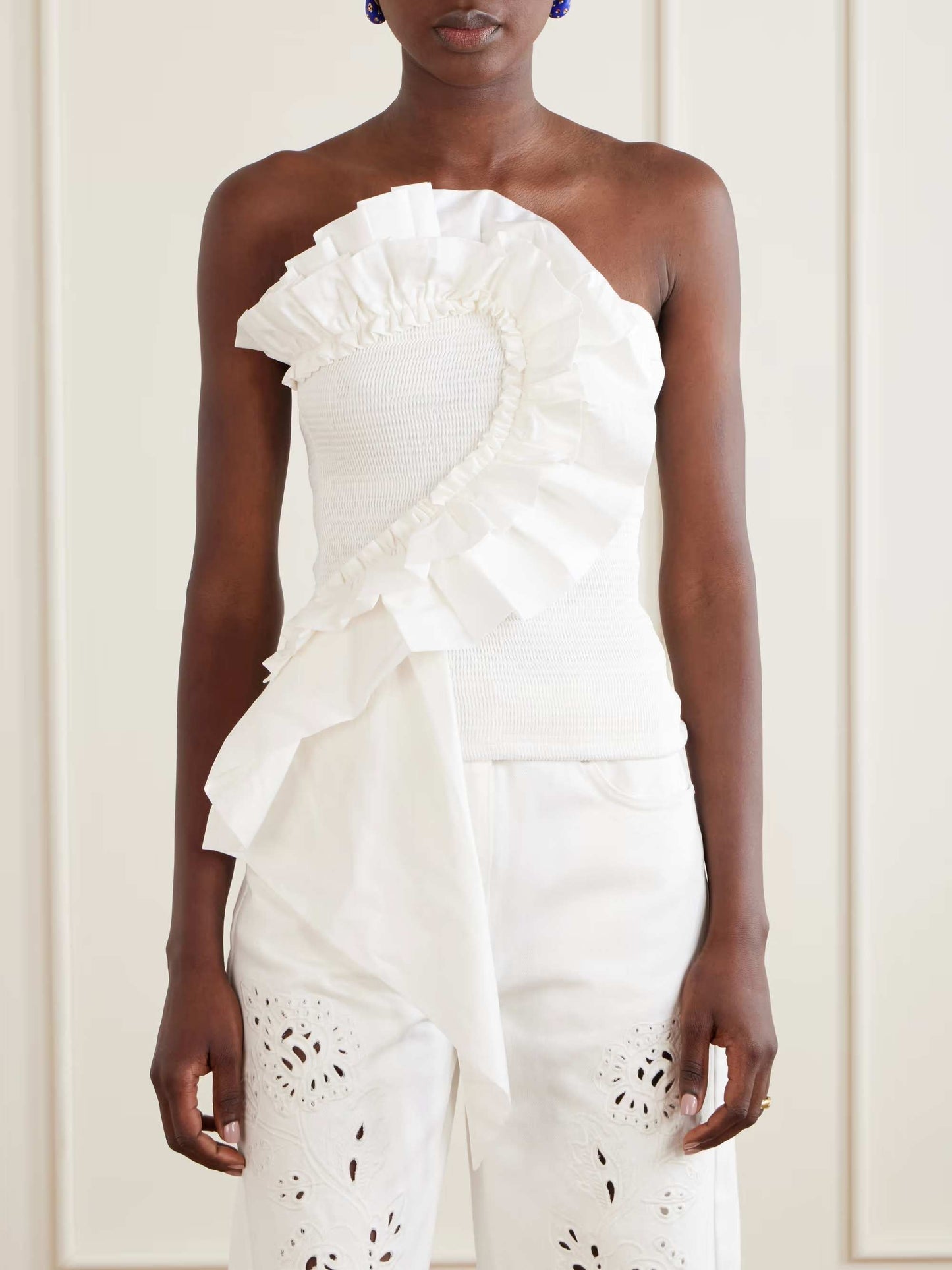 Exquise Ruffle Tube Top & Eyelet Wijde Broek Twee-delige Set