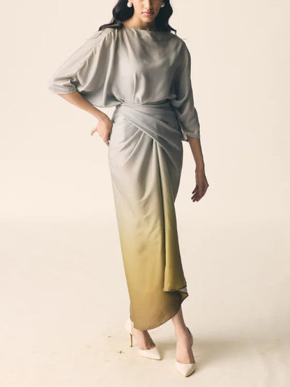 Elegante Gradient Draped Top En Geplooide Lange Rok Twee-delige Set