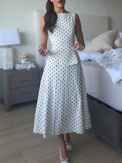 Elegante Mouwloze Top & Rok Twee-Delige Set met Polka Dots
