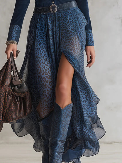 Retro Luipaardprint Chiffon Split Maxi Jurk