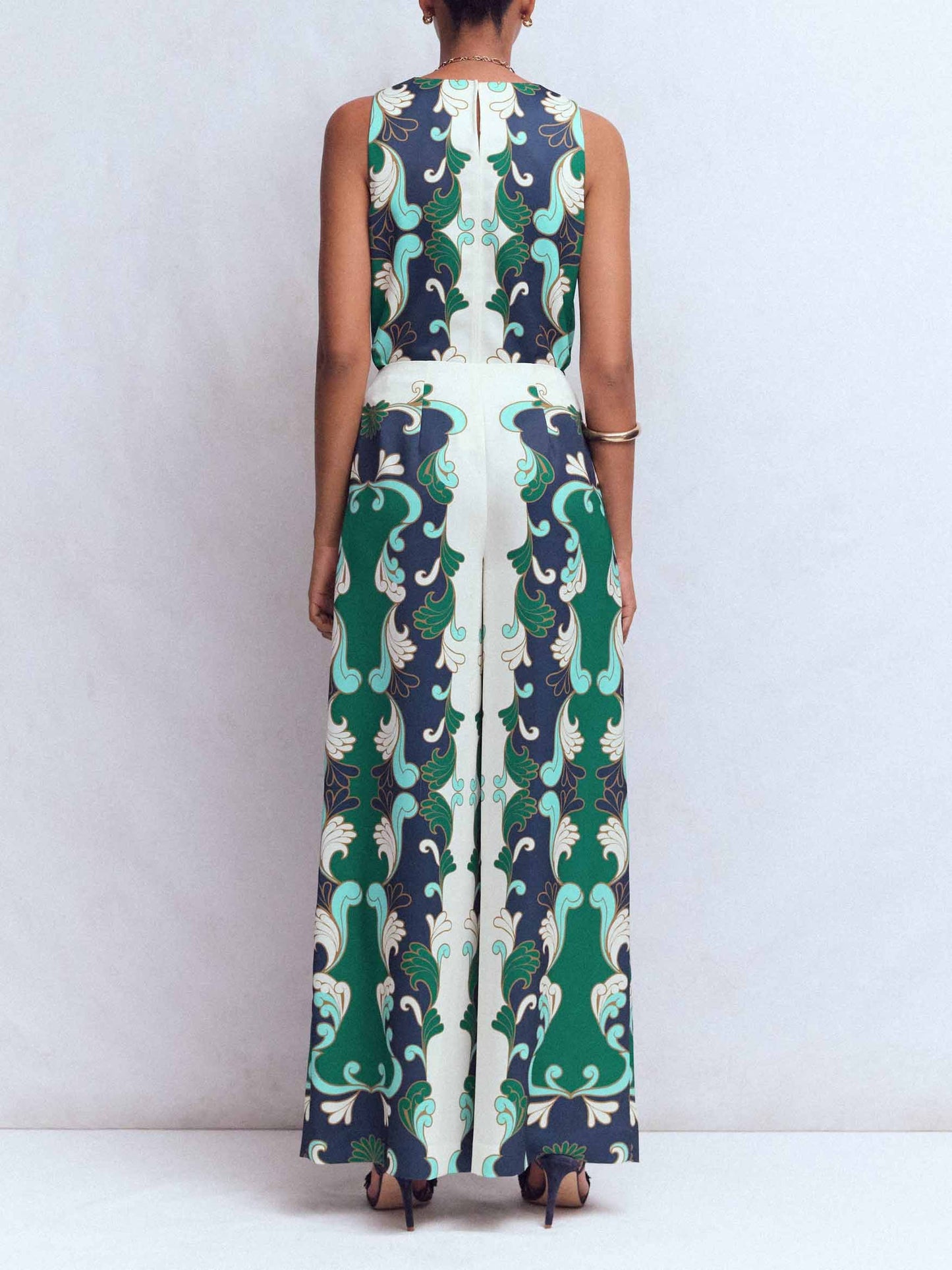 Retro Print Mouwloze Top & Wijde Broek Twee-delige Set