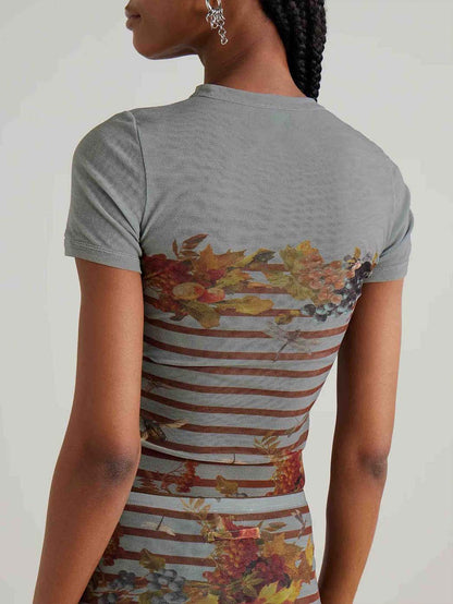 Artistieke Bloemenstreep Mesh Top & Midi Rok Twee-delige Set