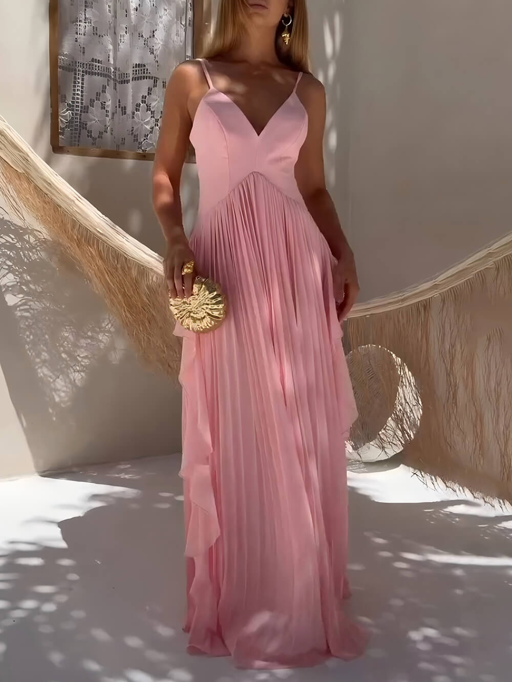 Delicate Roze Laagjes Patchwork Rimpel Maxi Jurk