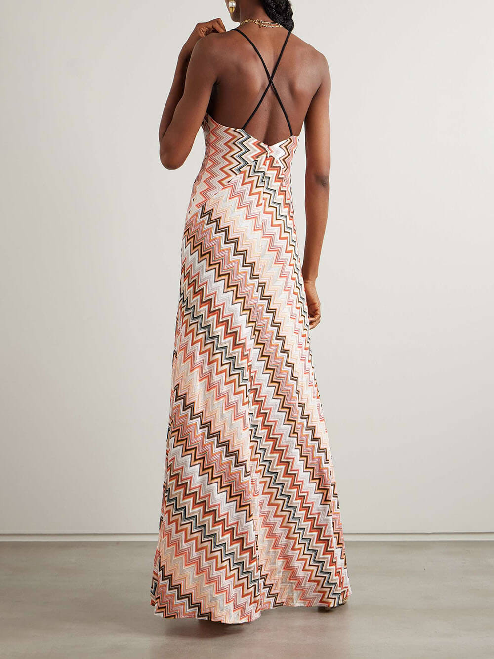 Elegante Gehaakte Gedrukte Maxi Jurk met Open Rug
