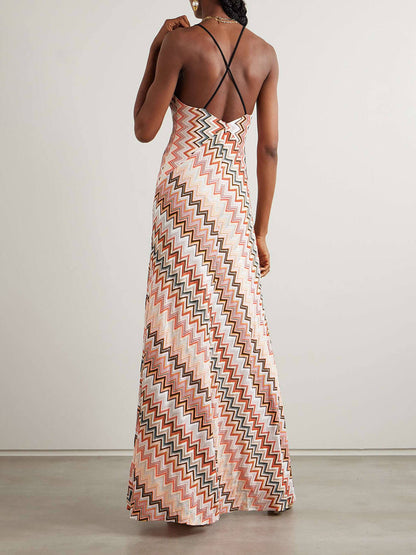 Elegante Gehaakte Gedrukte Maxi Jurk met Open Rug