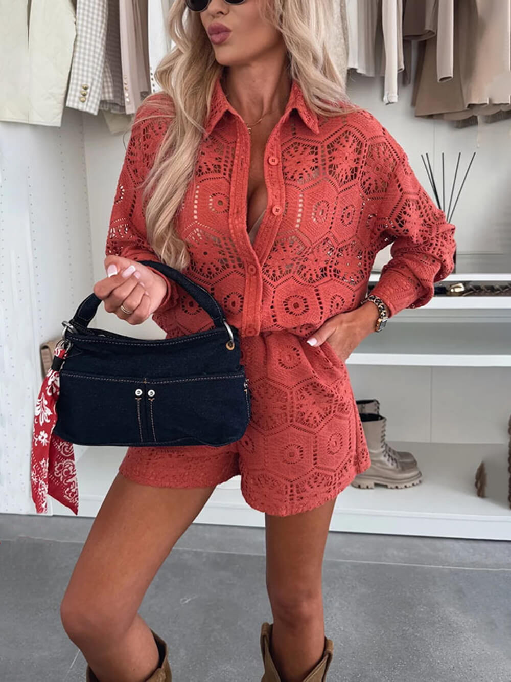 Casual Stijl Revers Effen Staande Kraag Top Kanten Shorts Set