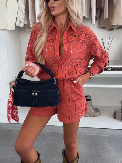 Casual Stijl Revers Effen Staande Kraag Top Kanten Shorts Set