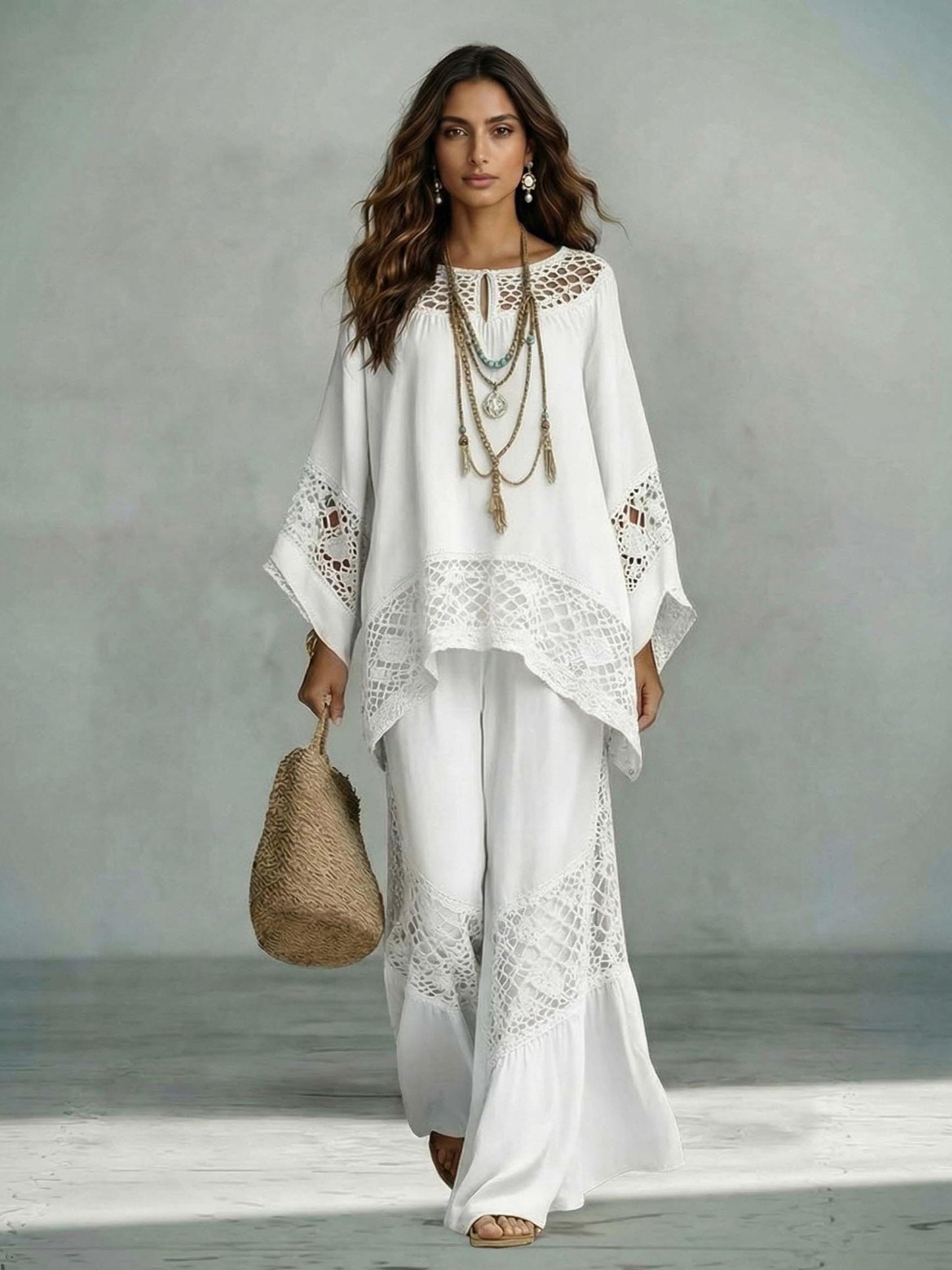 Casual Gehaakt Kant Los Kaftan Top Twee-Delige Set