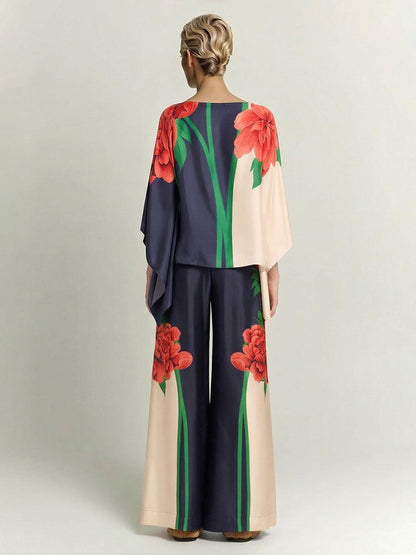 Paisley Print Asymmetrische Mouw Shirt & Brede Pantalon Twee-delige Set
