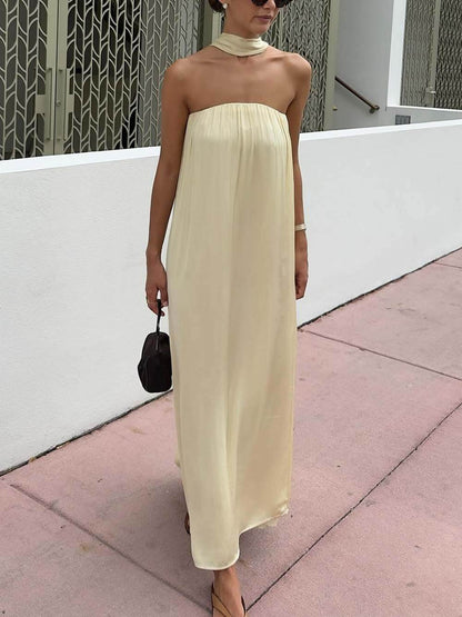 Delicate Satin Strapless Tie-Halter Maxi Jurk