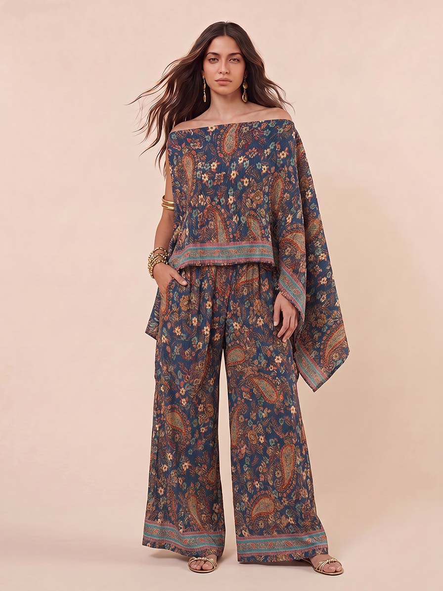 Bohemian Paisley Off-Shoulder Top & Wijde Broek Twee-Stuk Set