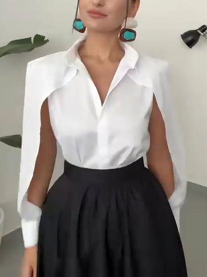 Elegante Cape-Schouder Shirt En Asymmetrische A-Lijn Midi Rok Set