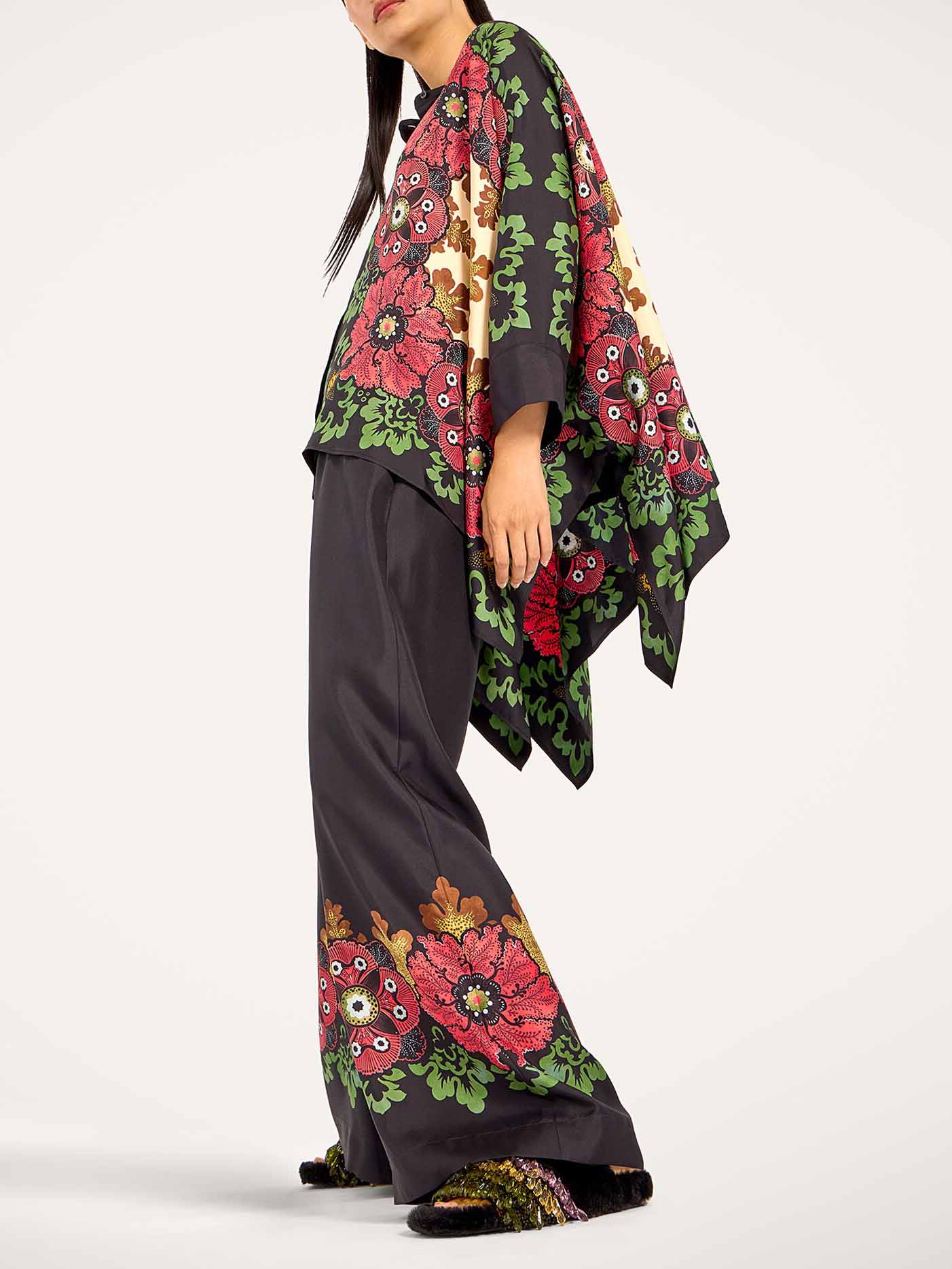 Exquisite Satin Floral Print Kimono Shirt Twee-Delige Set
