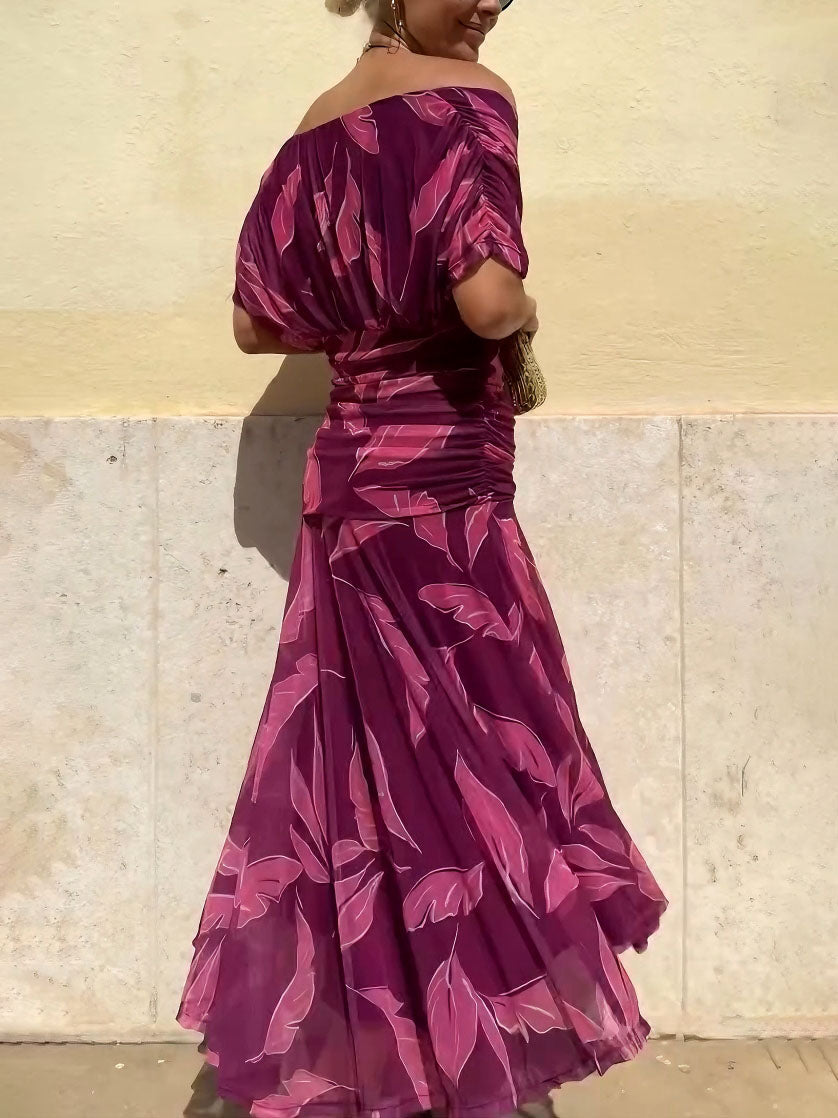 Elegante Off-Shoulder Rimpelblad Print Maxi Jurk
