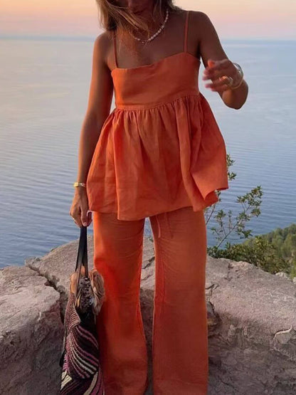 Classic Solid Color Casual Suspender Loose Top en Elastische Taille Brede Pantalon Set