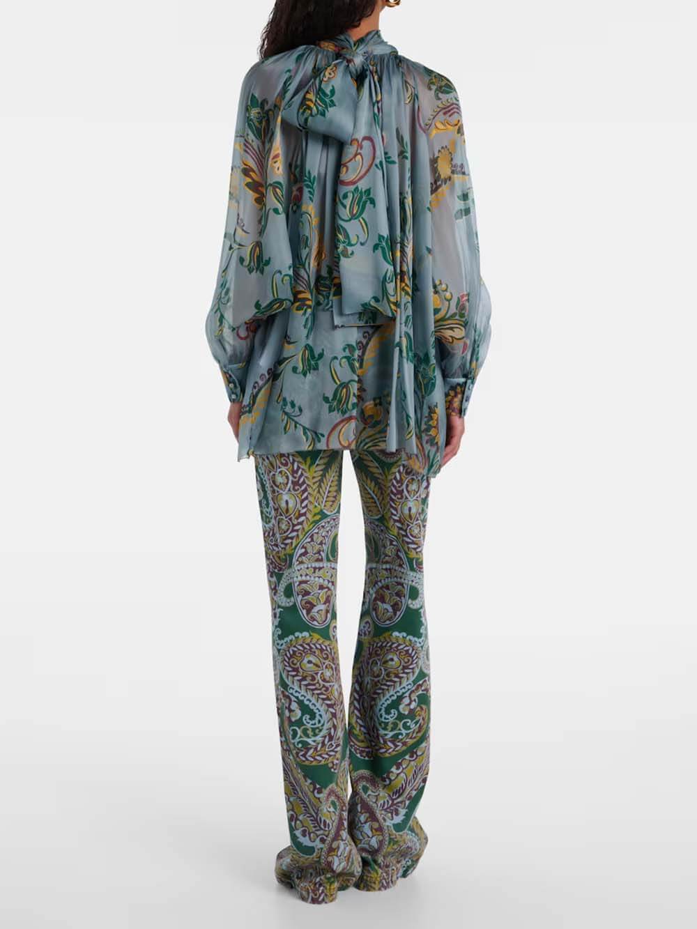 Delicate Bloemige Plissé Chiffon Blouse High-Waist Rechte Broek Set