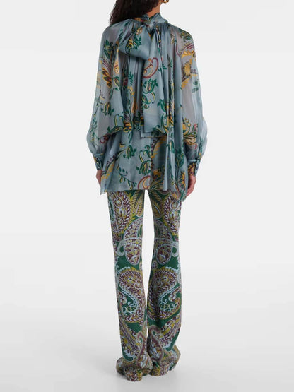 Delicate Bloemige Plissé Chiffon Blouse High-Waist Rechte Broek Set