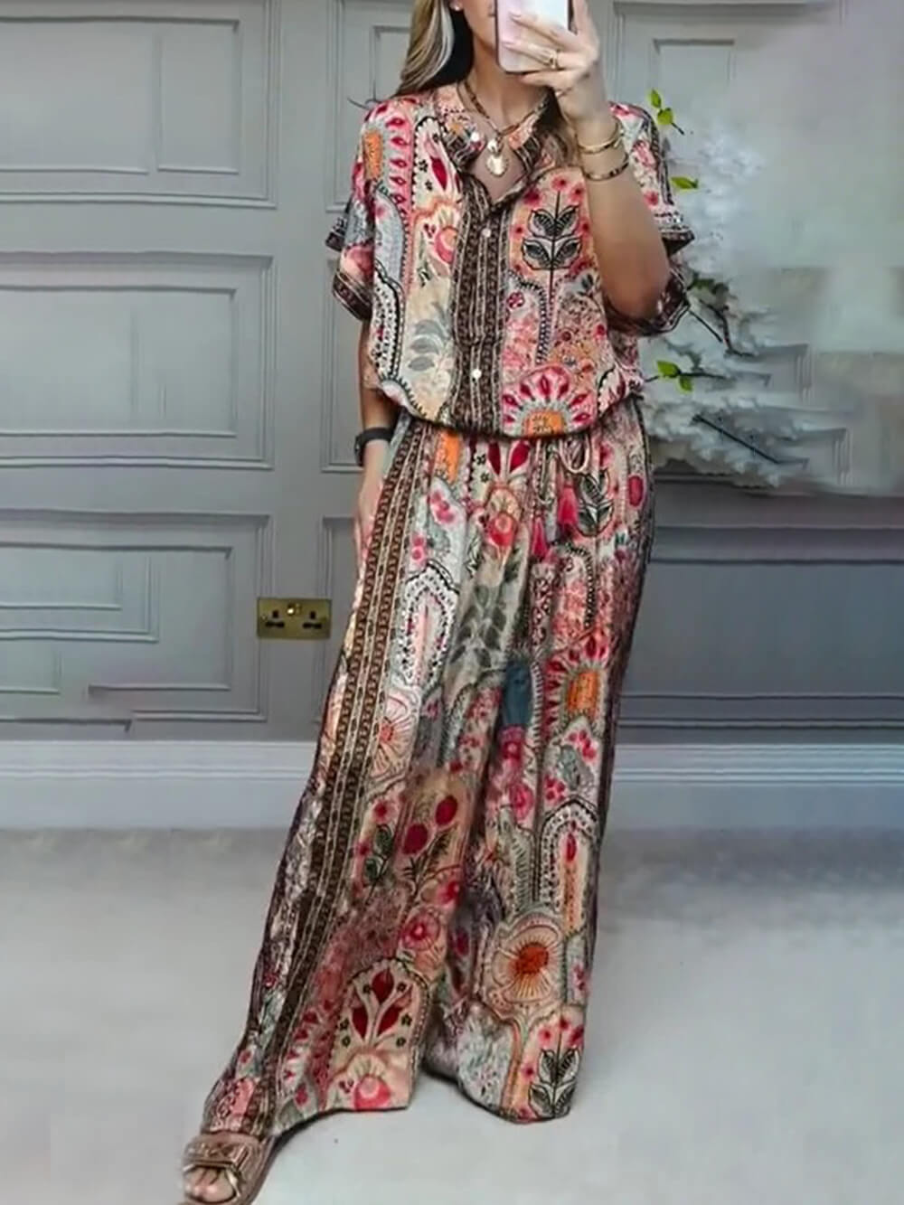 Boho Print Tassel Detail Casual Elastische Taille Zak Brede Pijpen Broek