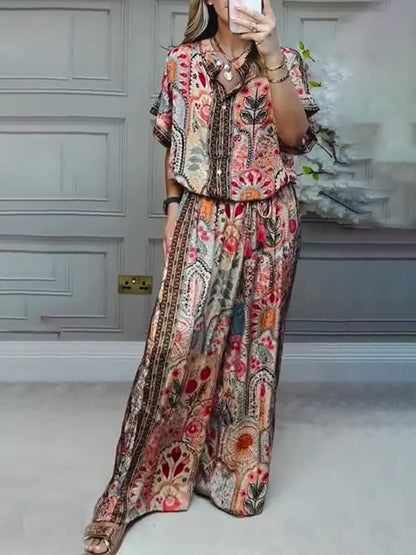 Boho Print Tassel Detail Casual Elastische Taille Zak Brede Pijpen Broek