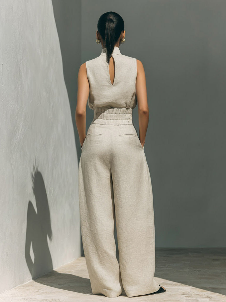 Elegante Linnen Hoge Hals Top & Brede Pijpen Broek Twee-Delige Set