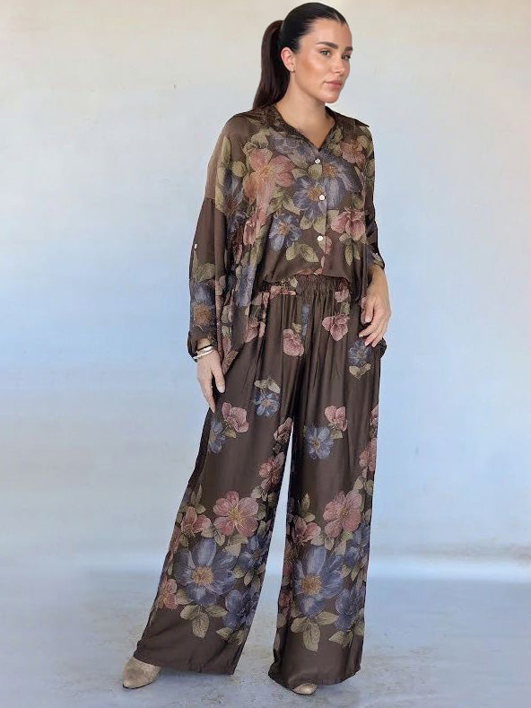 Retro Bloemenprint Overhemd met Kraag & Elastische Taille Wijde Broek Twee-Delige Set